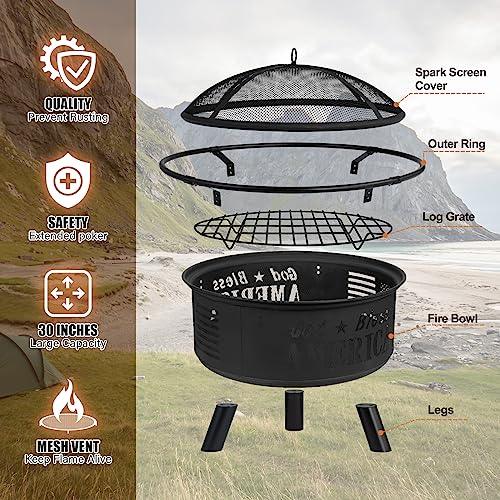 Backyard Expressions GOD Bless America Metal Firepit - 30 Inch - Heavy Duty Steel Fire Pit for Patio/Backyard w/Spark Screen Log Grate and Poker - CookCave