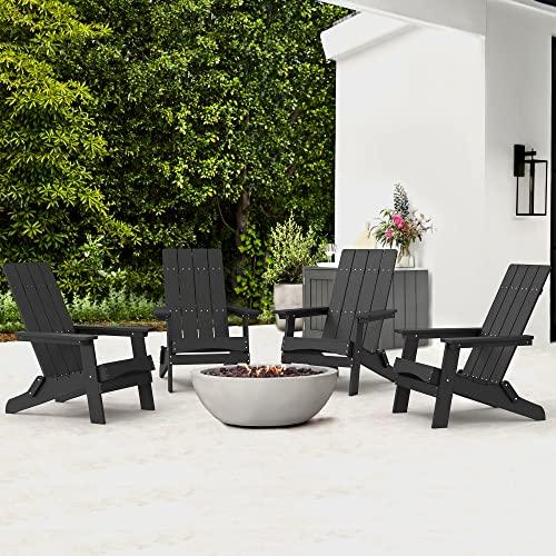 LUE BONA Folding Adirondack Chairs Set of 4, HDPS Poly Modern Adirondack Chair, Weather Resistant Plastic Adirondack Fire Pit Chairs for Patio, Porch, Deck, Pool, Garden, Backyard, Black - CookCave