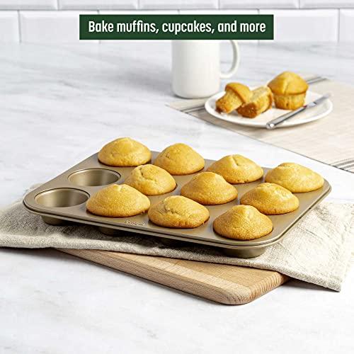 Goodful Nonstick Muffin Pan Set, Heavy Duty Carbon Steel with Quick Release Coating, Made without PFOA, Dishwasher Safe, 2-Pack Bakeware Set, 12-Cup, Champagne Gold - CookCave