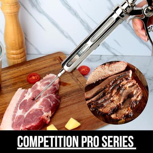 Iron Grillers PRO Competition Marinade Meat Injector Gun Flavor Kit for Smoking Brisket, Turkey, Chicken, Ribs, Pork & BBQ - Large 2 Oz Strong Glass Capacity + Metal Protective Case - Built to Last - CookCave