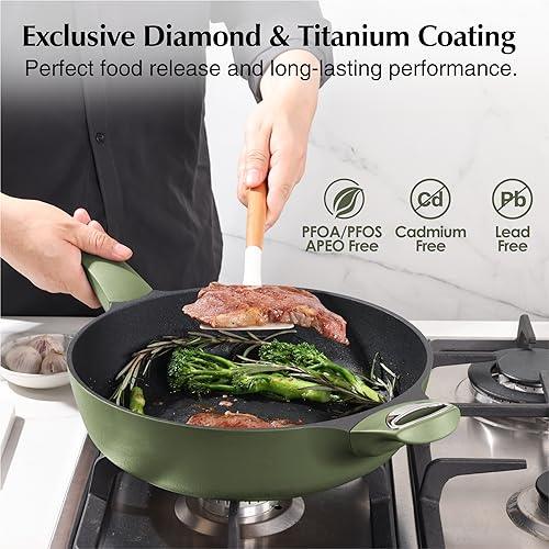 SENSARTE 12 Inch Nonstick Deep Frying Pan, 5Qt Non Stick Saute Pan with Lid, Large Skillet with Helper Handle, Diamond&Titanium Scratch Resistant, Induction Compatible, PFOA PFOS APEO Free, Sage - CookCave