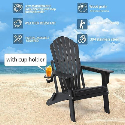 Plawdlik Folding Adirondack Chair Set of 2,SGS Tested,Wooden Textured with Cup Holder,Widened Heavy All-Weather HDPE Comfortable Seating for Ourdoor Black - CookCave