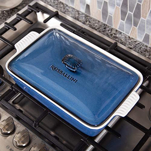 ROSSALLINI Stoneware Casserole Dish Bakeware Set with Lid, Covered Rectangular Dinnerware, Extra Large 4.23 Quart, 13 by 9 Inch, Blu Indaco [Reactive Blue] - CookCave