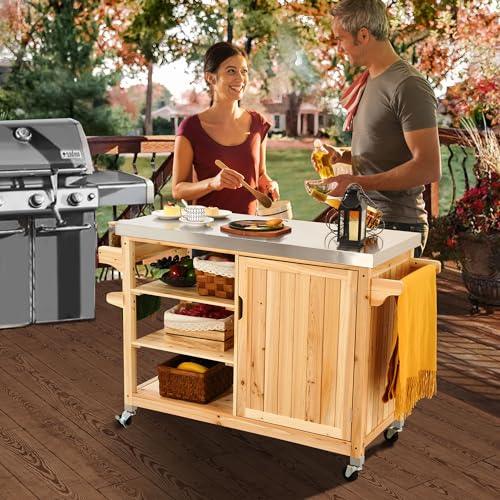 YITAHOME 53.74 L x 20.27 W Inches XL Outdoor Table and Storage Cabinet Solid Wood Movable Grill Table with Stainless Steel Top, Spice Rack, Side Handle for Outside Patio Kitchen Island or Bar Cart - CookCave