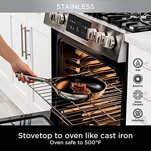 Ninja C60030 Foodi NeverStick Stainless 12-Inch Fry Pan, Polished Stainless-Steel Exterior, Nonstick, Durable & Oven Safe to 500°F, Silver - CookCave