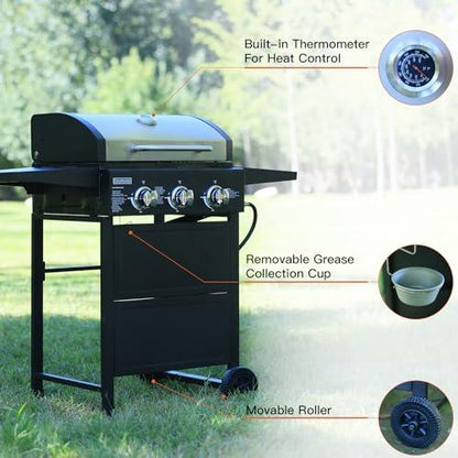 ChuMaste 3-Burner Propane Grill, Gas Grill, 30000 BTU barbecue grill with Foldable Rack (Reversible Table) - CookCave
