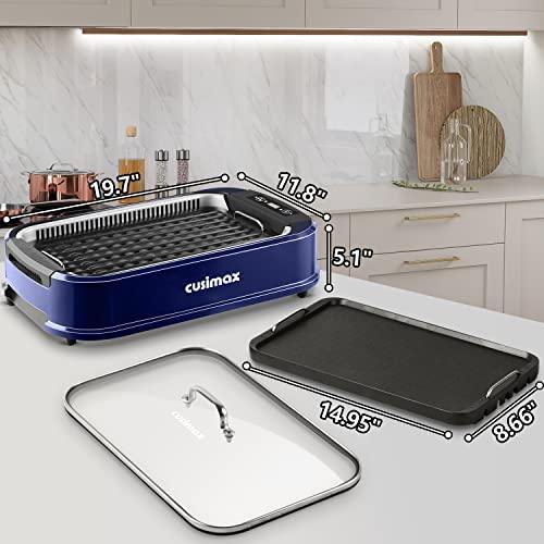 Smokeless Indoor Grill, CUSIMAX Electric Grill Griddle with LED Smart Display & Tempered Glass Lid, 1500W Portable Korean BBQ Grill, Non-stick Removable Grill & Griddle Plate, Temperature 220℉ to 450℉ - CookCave