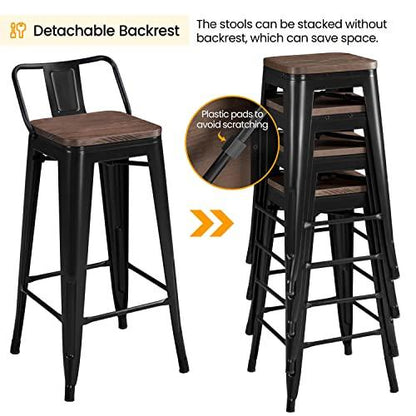 Yaheetech 30" Metal Barstools Set of 4 Bar Height Bar Stools with Wooden Top Low Back Industrial Bar Stools Metal Stool for Indoor-Outdoor Counter Stools with Wooden Seat Matte Black - CookCave