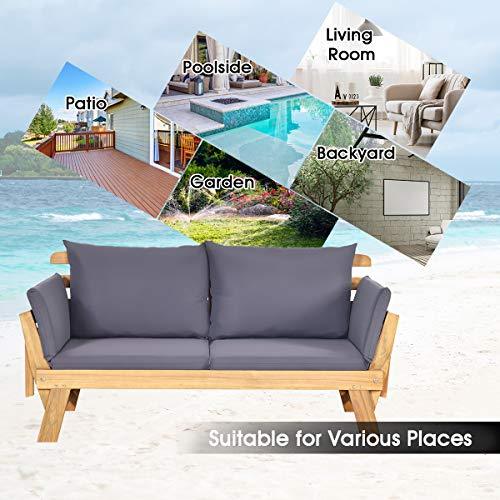 Tangkula Acacia Wood Patio Convertible Couch Sofa Bed with Adjustable Armrest, Outdoor Daybed with Cushion & Pillow, Folding Chaise Lounge Bench Ideal for Porch Courtyard Poolside (Dark Grey) - CookCave