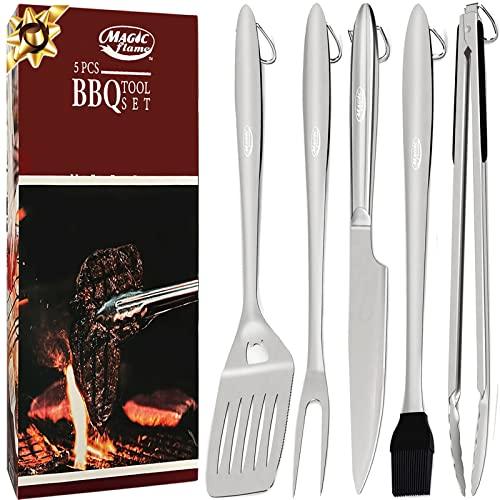 MAGIC FLAME 5PC Grill Tools Set - 18" Heavy Duty BBQ Accessories with Spatula, Fork, Knife, Brush, BBQ Tongs - Ideal Gift for Men - Stainless Steel Extra Long Barbeque Grilling Accessories for Outdoor - CookCave