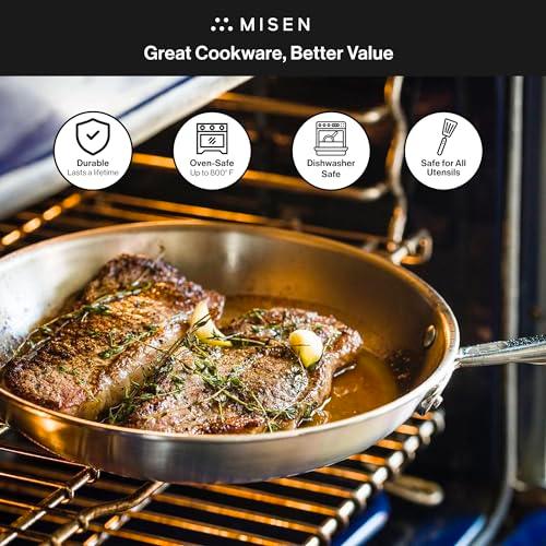 Misen 5-Ply Professional Stainless Steel Pan - Superior Heat Retention & Larger Cooking Surface for Searing & Sautéing - Cool Ergonomic Handle -12 Inch - CookCave