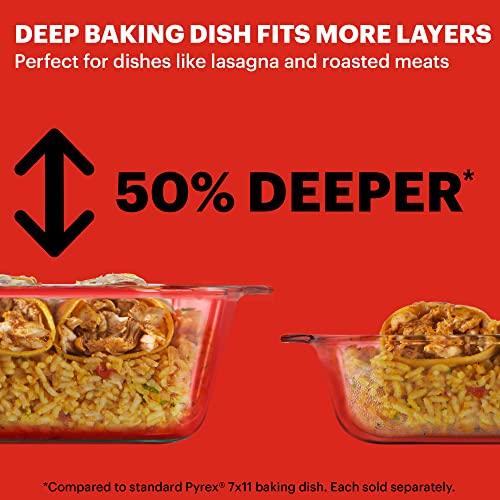 Pyrex Deep Glass Baking Dish with Plastic Lid, Deep Casserole Dish, Glass Food Container, Oven, Freezer and Microwave Safe, Clear Container, 7x11 - CookCave