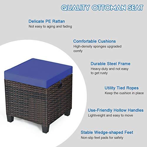 Tangkula 2 Pieces Outdoor Patio Ottoman, All Weather Rattan Wicker Ottoman Seat, Patio Rattan Furniture, Outdoor Footstool Footrest Seat w/Removable Cushions (Navy Blue) - CookCave