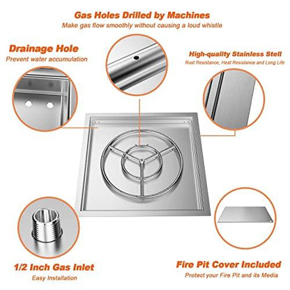 Skyflame 24" x 24" Square Stainless Steel Drop-in Fire Pit Kit with Fire Pit Burner Pan, Fire Burner Ring and Protective Lid, Suitable for Indoor or Outdoor DIY Firepit - CookCave