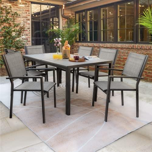 Rankok 7 Piece Patio Dining Set Outdoor Furniture Set with Weather Resistant Table and 6 Stackable Textilene Chairs for Garden, Yard, Garden and Poolside (Gray) - CookCave