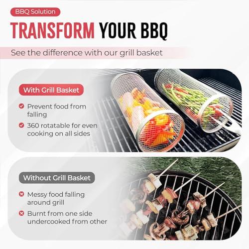 Rolling Grilling Basket, Grill Basket, 2 PCS Cylinder Stainless Steel Large Round Barbecue Baskets, Portable Outdoor Camping BBQ Net Tube for Veggies, Fish, Vegetables, Grill Accessories Gifts for Men - CookCave