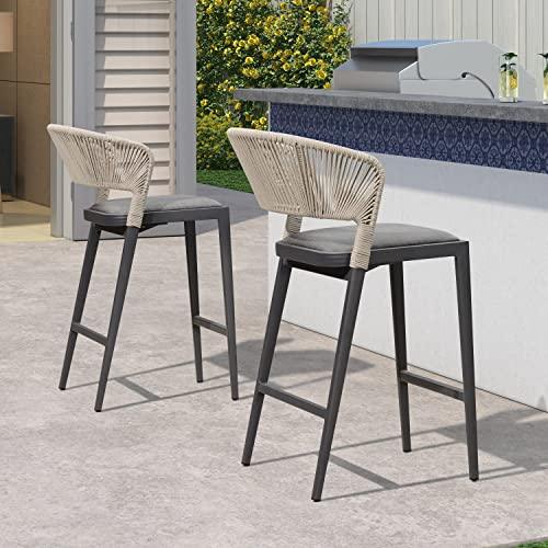 PURPLE LEAF Counter Height Bar Stool Set of 2 Modern Aluminum Rattan Wicker Outdoor Barstools with Backrest and Cushion for Kitchen Lawn Pool Bar Chairs Dark Grey - CookCave