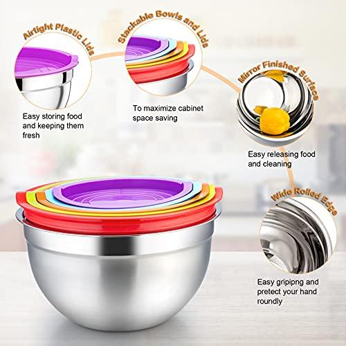 P&P CHEF Mixing Bowl with Lid Set of 5, 10-Piece Stainless Steel Nesting Salad Bowl Set for Prepping, Mixing and Serving, Size 4.6, 3, 1.5, 1, 0.7 QT, Rimmed Edges & Flat Base - CookCave