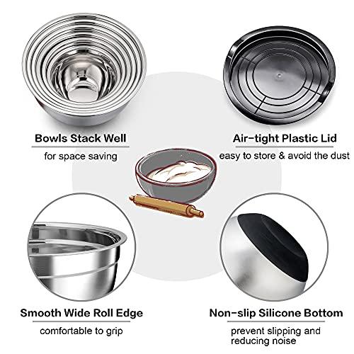 TeamFar Mixing Bowls, Black Mixing Bowls with Lids Set, Stainless Steel Nesting Salad Bowl with Air-tight Lid & Silicone Bottom, Non Slip & Stackable - Set of 6-4.6/2.6/2 / 1.5/1 / 0.7 Qt - CookCave