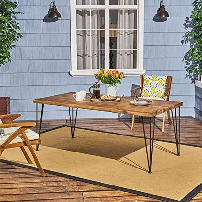 Christopher Knight Home Kama Patio Dining, Rectangular, 72", Acacia Wood Table Top, Rustic Iron Hairpin Legs, Teak Finish, Metal - CookCave