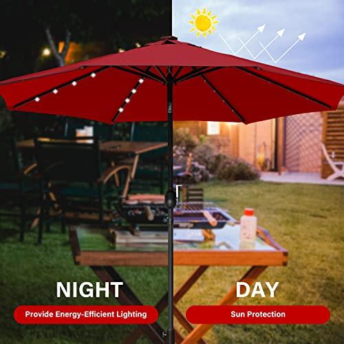 Simple Deluxe 9' Solar Umbrella 32 LED Lighted Patio Umbrella Table Market Umbrella with Push Button Tilt/Crank Outdoor Umbrella for Garden, Deck, Backyard and Pool, Red - CookCave