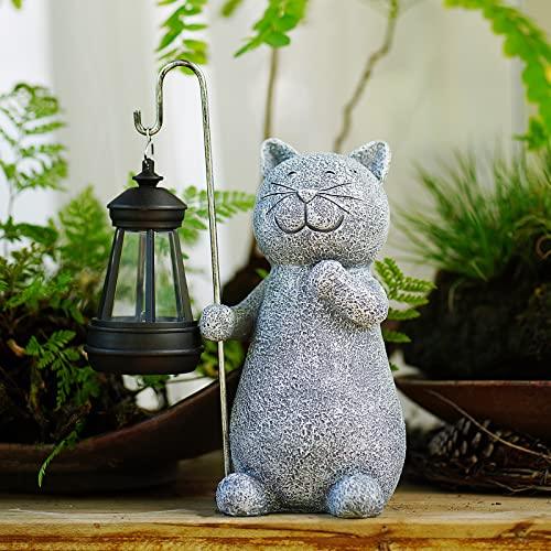 Qeeman Solar Garden Statue Cat Figurine- Garden Art with Solar Lantern, Loving Cat for Patio,Balcony,Yard, Lawn-Unique Housewarming Gift for Garden Mom Grandma - CookCave