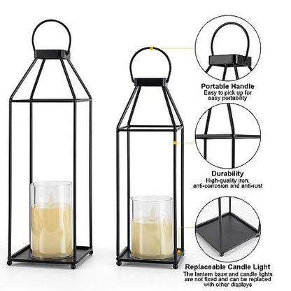 Lanterns Decorative Outdoor 2PCS Living Room Decor Lantern Black Metal Lantern Front Porch Decor Lanterns Decor Indoor with LED Candle Lanterns Decor No Glass for Indoor Outdoor (Small&Large, 2Pcs) - CookCave