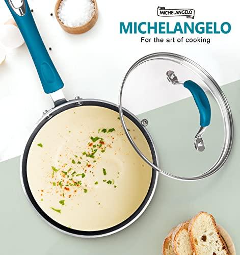 MICHELANGELO Sauce Pan Sets, Enamel Sauce Pan with Lid, 1Qt & 2Qt & 3Qt Saucepans with Lids, Nonstick Saucepan Set, Small Pot with Lid, Non Stick Sauce Pots with Silicone Handle, Oven Safe, Cyan - CookCave