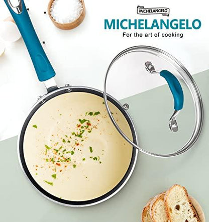 MICHELANGELO Sauce Pan Sets, Enamel Sauce Pan with Lid, 1Qt & 2Qt & 3Qt Saucepans with Lids, Nonstick Saucepan Set, Small Pot with Lid, Non Stick Sauce Pots with Silicone Handle, Oven Safe, Cyan - CookCave