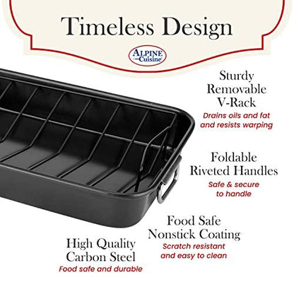 Alpine Cuisine Turkey Roaster Pan with Rack 16-Inch - Nonstick Coating Carbon Steel Pan - Black & Heavy Duty Roasting Pan - Easy to Clean, Multipurpose Use - Durable & Dishwasher Safe - CookCave