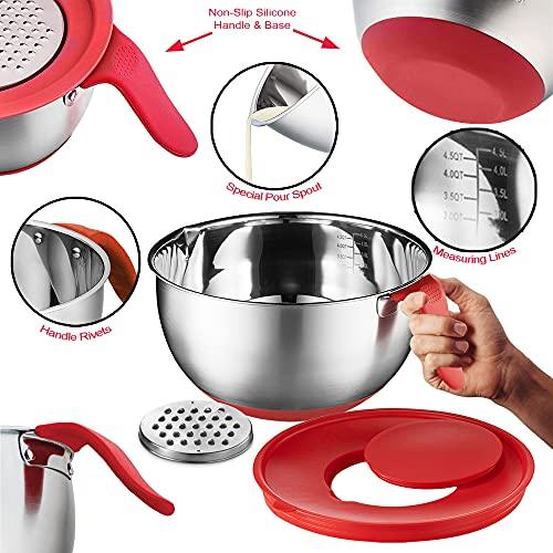 Stainless Steel Mixing Bowls with Lids - Long Handles, Pour Spout, Non Slip Colorful Silicone Bottom, 3 Graters, & Measurement Marks, Ideal for Cooking, Baking & Serving, Food & Salad Prep. (Set of 3) - CookCave