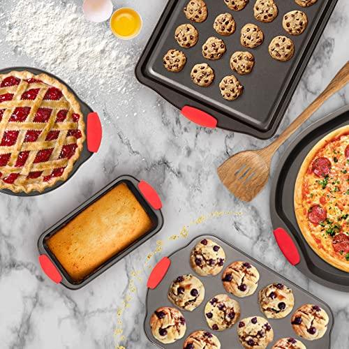 Moss & Stone 9 Piece Baking Pans Set, Oven Safe Baking Sheet Set Carbon Steel Non-Stick PTFE Coating, Bakeware Set With Heat Red Silicone Handles, Black Baking Trays For Oven - CookCave