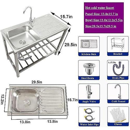 Outdoor Stainless Steel Sink, Free Standing Commercial Restaurant Utility Single Bowl Kitchen Washing Station Hand Basin Sink Set with Storage Shelves for Laundry Tub Backyard Garage - CookCave