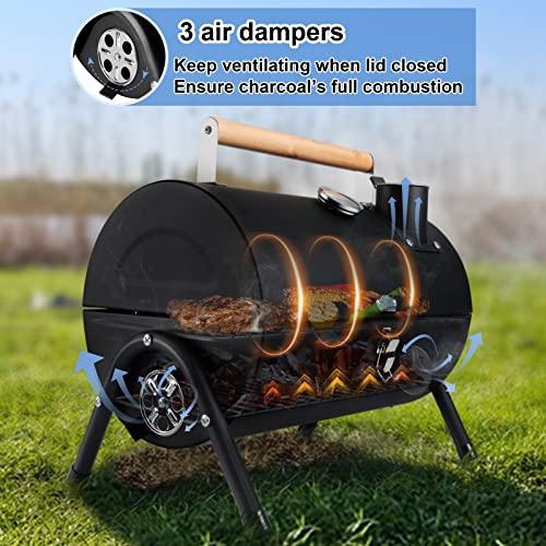 HaSteeL Portable Charcoal Grill, Small Folding Outdoor Grill, Mini Black Barbecue Grill with Thermometer, Compact Tabletop BBQ Grill for Camping Picnic Backyard Patio, 116 Square Inches & Screwdriver - CookCave