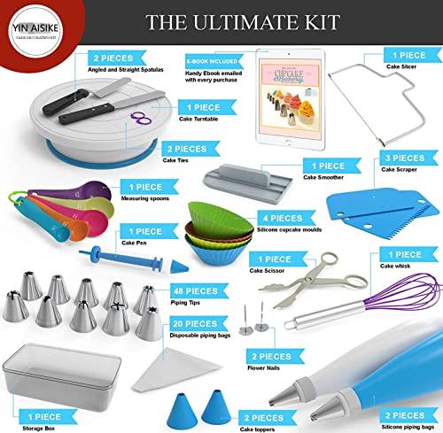 100Pcs Cake Decorating Supplies Kit - Cake Turntable Set with 48 Icing Piping Tips, 20 Disposable Pastry Bags, 2 Couplers, Baking Tools for Beginners, Cupcake Decorating Kit - CookCave