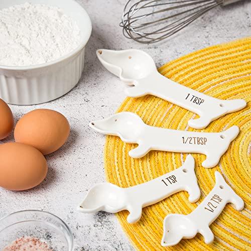 White Ceramic Dog Themed Kitchen Utensils: Measuring Cups and Spoons, Spoon Rest for Countertop - Cute Kitchen Accessories (Dog Measuring Spoons) - CookCave