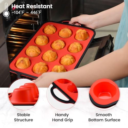 CAKETIME Small Muffin Pan, Silicone Cupcake Pan Metal Reinforced Frame Easy to Handle 12 Cups Nonstick - CookCave