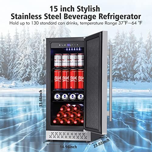 Tylza Beverage Refrigerator 15 Inch Wide, Mini Fridge Stainless Steel Under Counter Beverage Cooler, 130 Cans Beer Fridge with Built-in and Freestanding Beverage Fridge TYBC100SD - CookCave