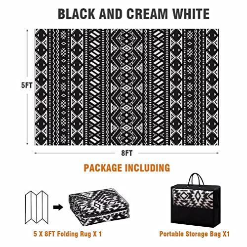 Reversible Mats - Outdoor Rugs 5'x8' for Patios Clearance, Plastic Straw Rugs Waterproof, Portable, Large Floor Mat and Rugs for Outdoor RV, Balcony, Picnic, Beach, Camping(Black & Cream White) - CookCave