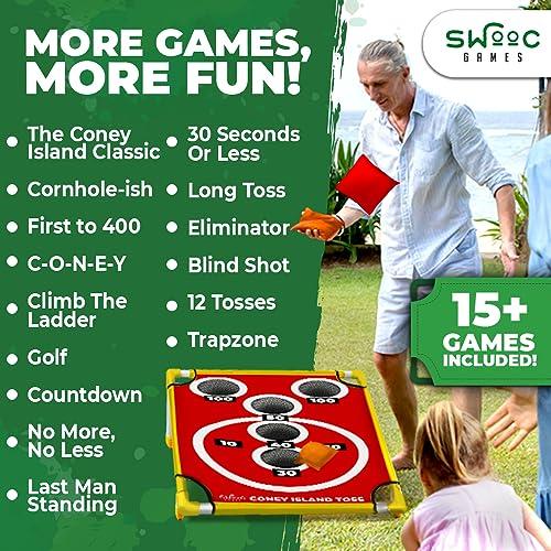 SWOOC Games - Coney Island Toss - Boardwalk Inspired Cornhole Bounce Game with Carrying Case (15+ Games Included) - PVC Corn Hole Bean Bag Toss Game for Kids and Adults - Corn Holes Outdoor Game Set - CookCave