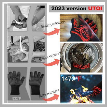 UTOI BBQ Grill Accessories Kit, 1472°F Heat Resistant BBQ Gloves Oven Mitts & Meat Shredder Claws & Silicone Sauce Basting Brush for Safe Grilling, Baking, Barbecue, Smoker & Outdoor Cooking - CookCave