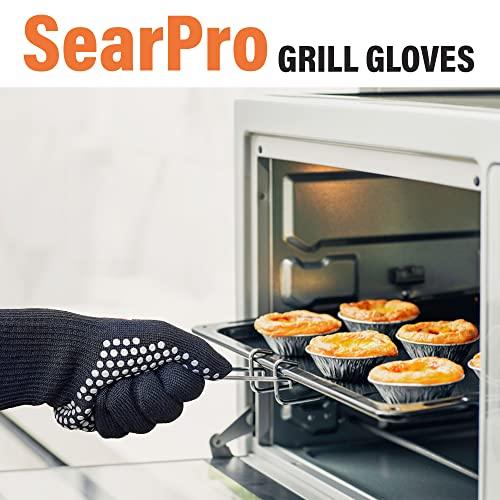 SearPro BBQ Grill Gloves Cooking Oven Mitts Fire Heat Resistant to 1400 Degrees Accessories for Barbecue Smoker Egg Fryer Hamburgers Pizza Steaks- Crock pots/Slow cookers -USA Owned Company- - CookCave