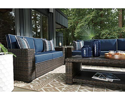 Signature Design by Ashley Grasson Lane Outdoor Patio Wicker Sofa with Cushion and 2 Pillows, Brown & Blue - CookCave