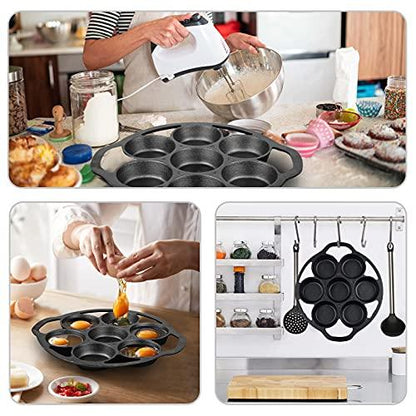 SUNSHNO Cast Iron Biscuit Pan Mini Cake Pan with Handles, Pre-Seasoned Baking Set 7 Cake Baking Tray Maker Pan for Biscuits, Bake Muffins, Cornbread and Scones, Include special steel fork and brush - CookCave