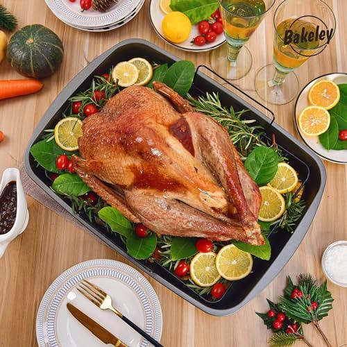 Bakeley Roasting Pan, Nonstick Roaster Pan with Rack, Turkey Roasting Pan with V Rack, 19 Inch x 13 Inch, Black - CookCave