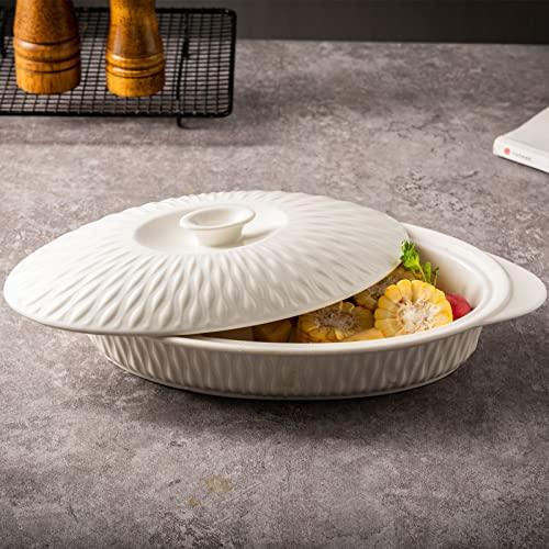 Ceramic Casserole Dish with Lid Oven Safe, 1.26 Quart Covered Oval Casserole Dish Set, 14x7.5 Baking Dish with Lid for Casseroles, Lasagna Pans Casserole Cookware Set - CookCave