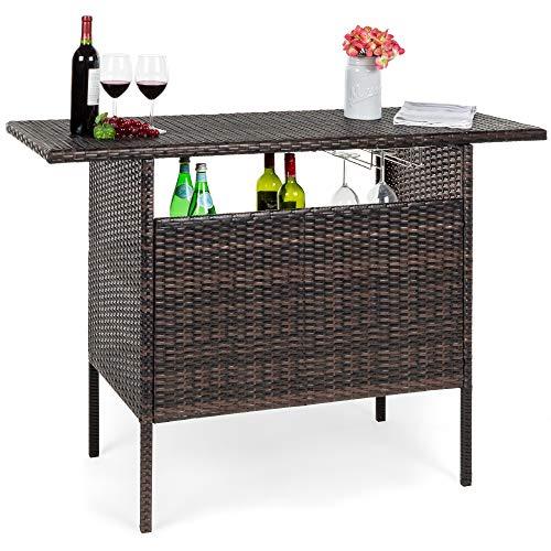 Best Choice Products Outdoor Patio Wicker Bar Counter Table Backyard Furniture w/ 2 Steel Shelves and 2 Sets of Rails - Brown - CookCave