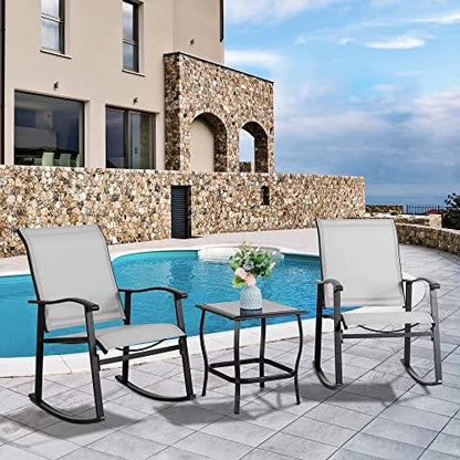 Vongrasig 3 Piece Outdoor Rocking Bistro Set, Textilene Fabric Small Patio Furniture Set, Front Porch Rocker Chairs Conversation Set with Glass Table for Lawn, Garden, Balcony, Poolside (Light Gray) - CookCave