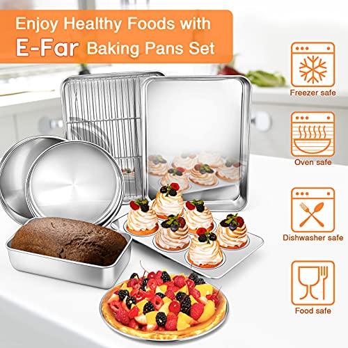 Toaster Oven Bakeware Set, E-far 8-Piece Stainless Steel Small Baking Pan Set, Include 6-Inch Cake Pan/Rectangle Baking Pan/Cookie Sheet with Rack/Muffin/Loaf/Pizza Pan, Non-Toxic & Dishwasher Safe - CookCave