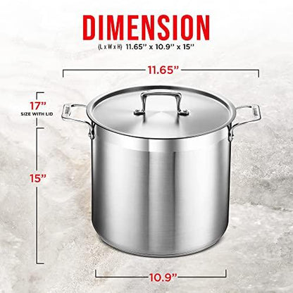 Stockpot – 16 Quart – Brushed Stainless Steel – Heavy Duty Induction Pot with Lid and Riveted Handles – For Soup, Seafood, Stock, Canning and for Catering for Large Groups and Events by BAKKEN - CookCave